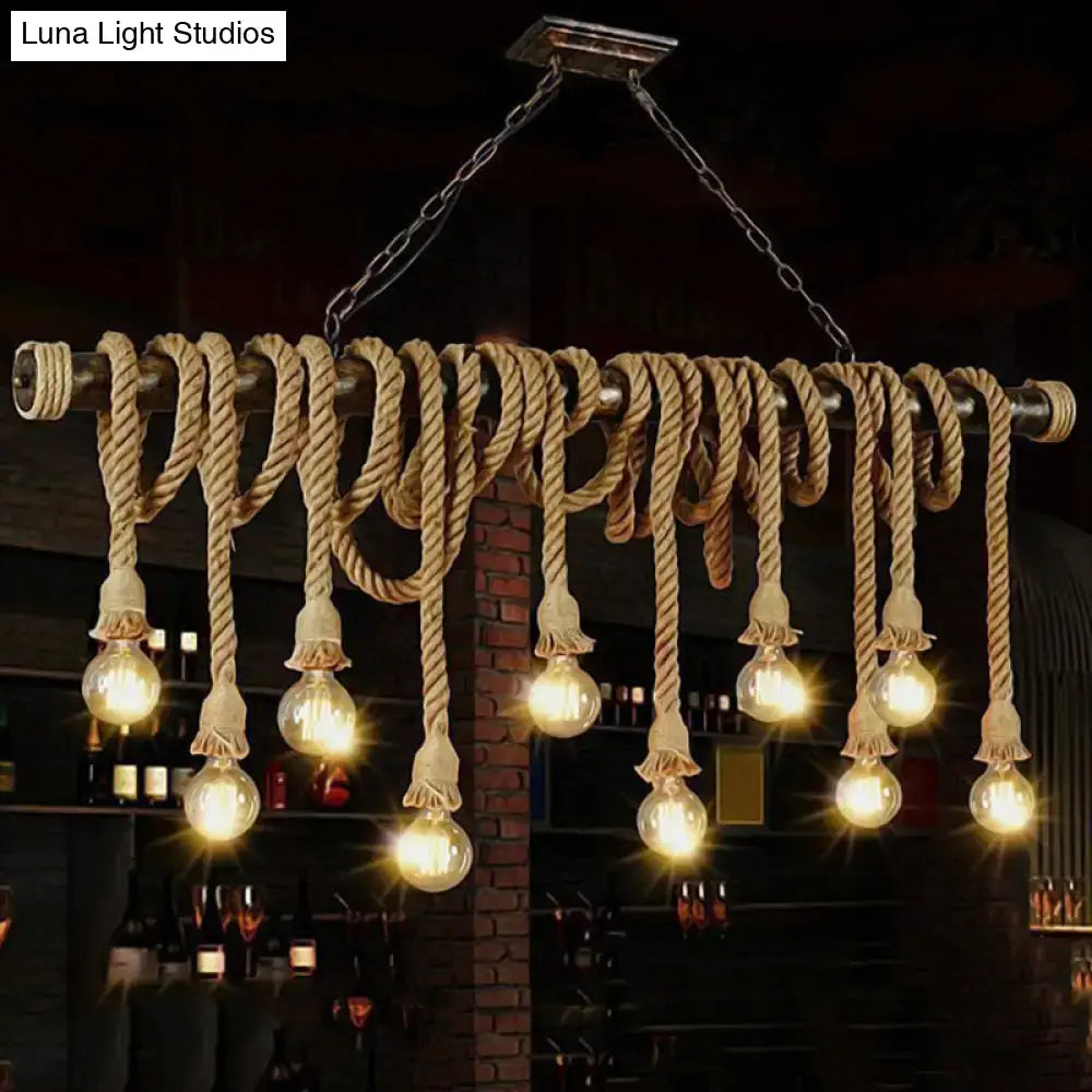 Decorbites™ rustic natural rope island light featuring beige rope wrapped around metal pipe with e26 e27 light bulbs