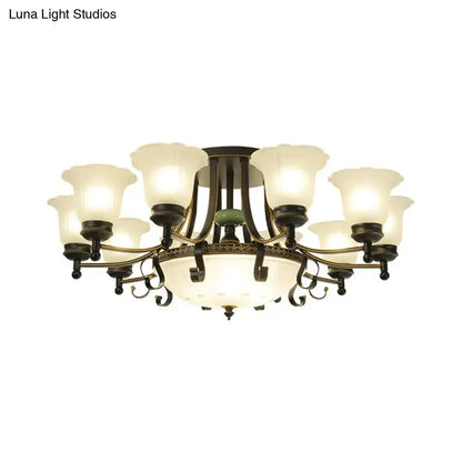 DecorBites rustic opal glass ceiling light fixture with antique brass and eight frosted glass shades for living room
