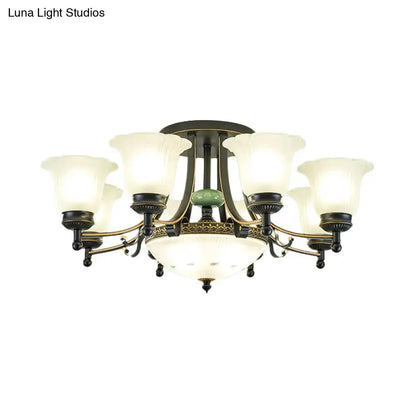 DecorBites rustic opal glass ceiling light fixture with antique brass finish six frosted shades and green jade accent