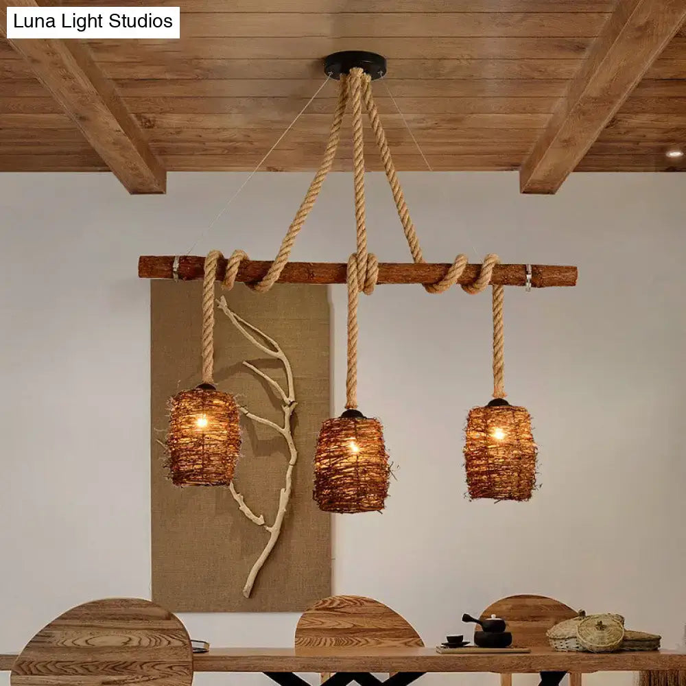 Decorbites rustic rattan woven island pendant light fixture with three brown rope pendant lights for dining room hanging