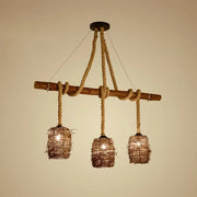 DecorBites rustic rattan woven island pendant light fixture with three brown rope shades for dining room hanging use