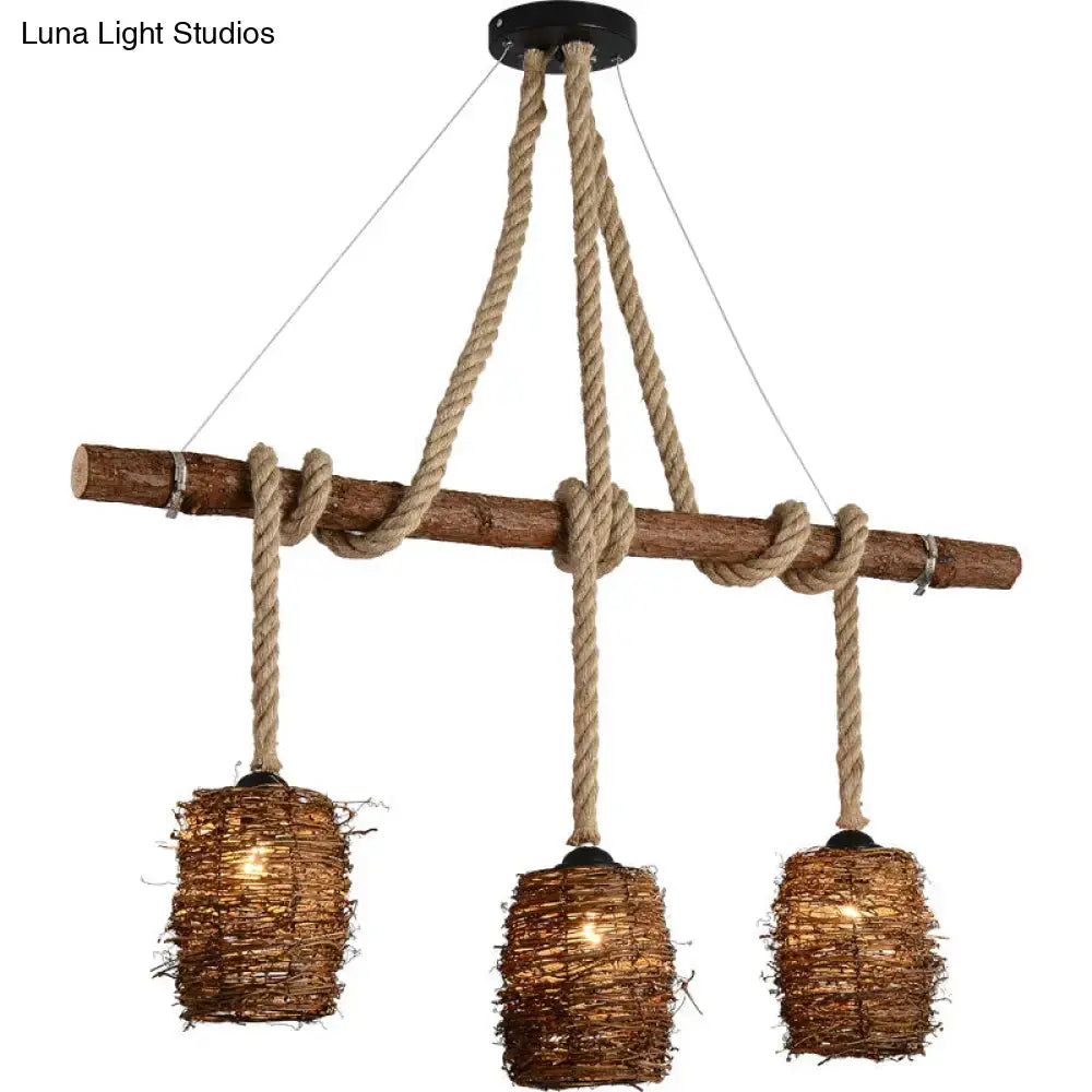 DecorBites Rustic rattan woven island pendant light fixture with natural wood beam and beige rope for dining room hanging