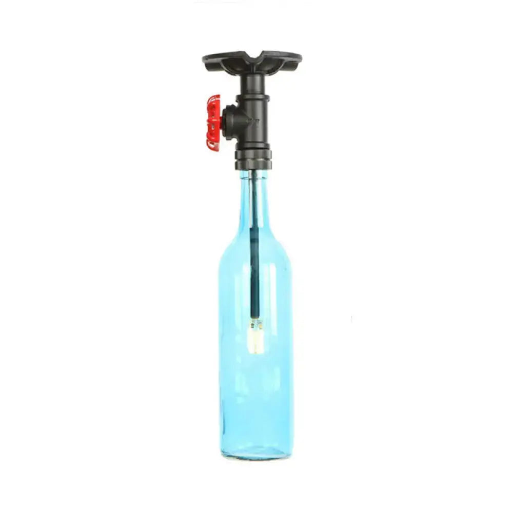 Decorbites rustic single light semi flushmount featuring a blue glass bottle semi flush with black pipe valve and red handle