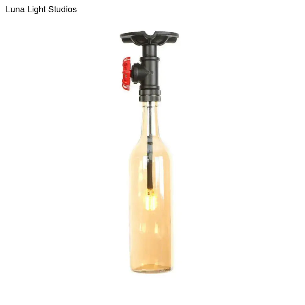 DecorBites™ rustic single light semi flushmount bottle design with clear amber glass and black pipe valve handle