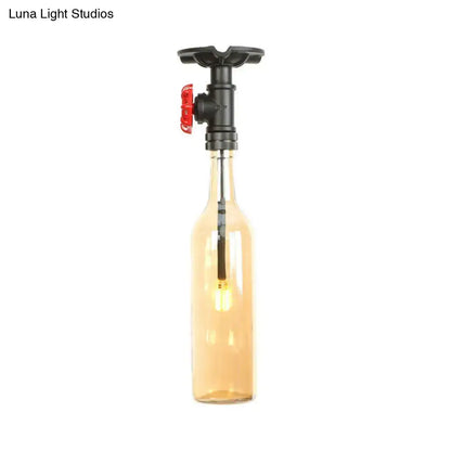 DecorBites™ rustic single light semi flushmount bottle design with clear amber glass and black pipe valve handle