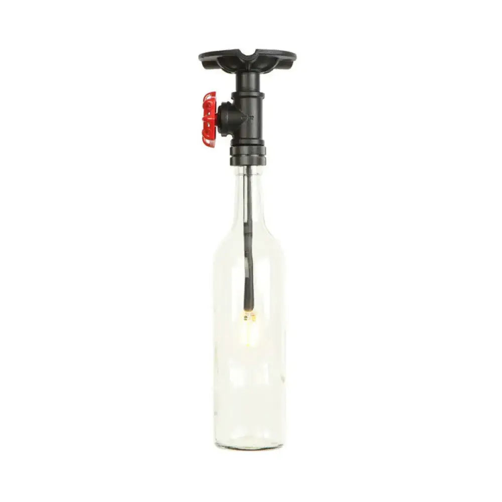 Decorbites rustic single light semi flushmount with clear glass bottle shade black pipe valve and red handle