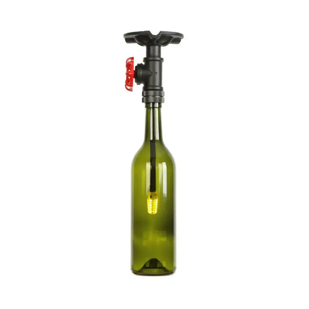 Decorbites™ rustic single light semi flushmount with green glass bottle shade and black pipe valve handle design