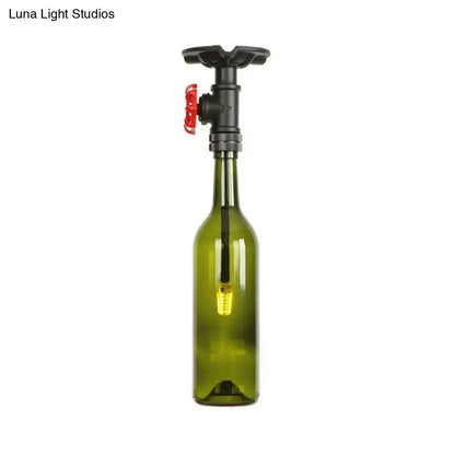 Decorbites rustic single light bottle semi flush with green glass shade and black pipe valve with red handle