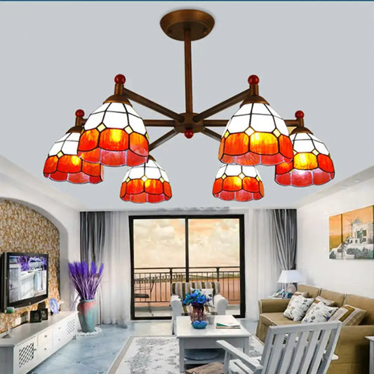 DecorBites™ rustic style chandelier light with five amber and white stained glass shades and bronze metal frame for dining room