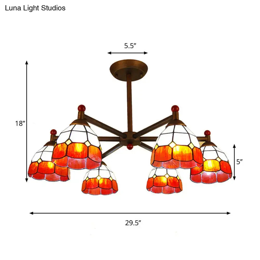 DecorBites™ rustic style chandelier light with five amber stained glass shades on bronze metal frame for dining room