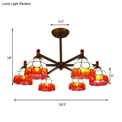 DecorBites™ rustic style chandelier light with five amber stained glass shades on bronze metal frame for dining room