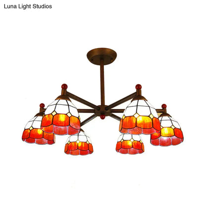 DecorBites™ rustic style chandelier light with five stained glass amber and white shades and brass metal frame