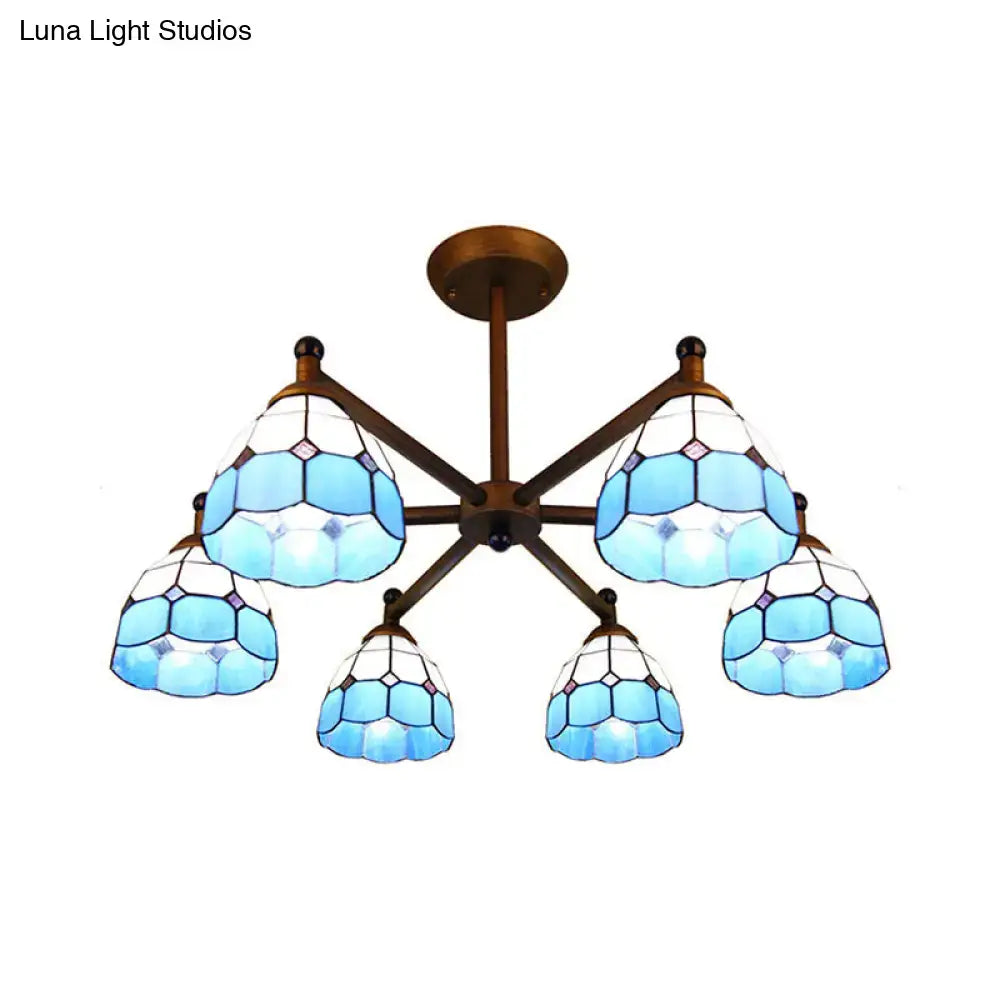 Decorbites rustic style stained glass chandelier light with blue stained glass and brass arms for dining room