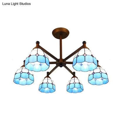 Decorbites rustic style stained glass chandelier light with blue stained glass and brass arms for dining room