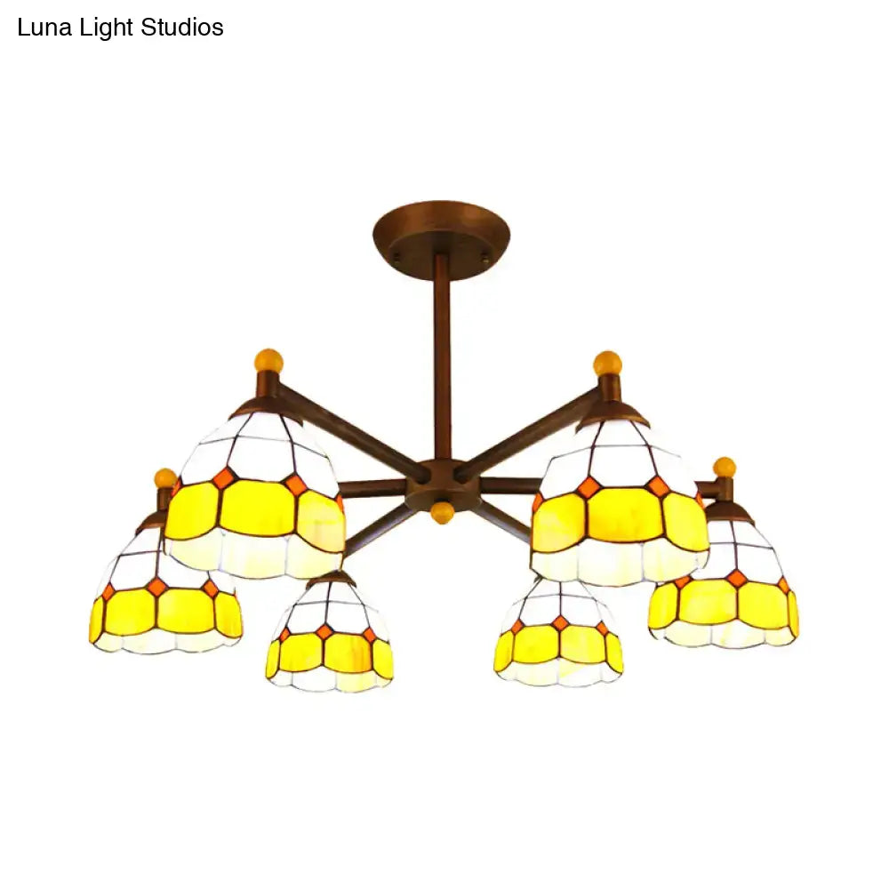 DecorBites™ rustic style chandelier light with yellow and white stained glass and brass-colored metal arms for dining room