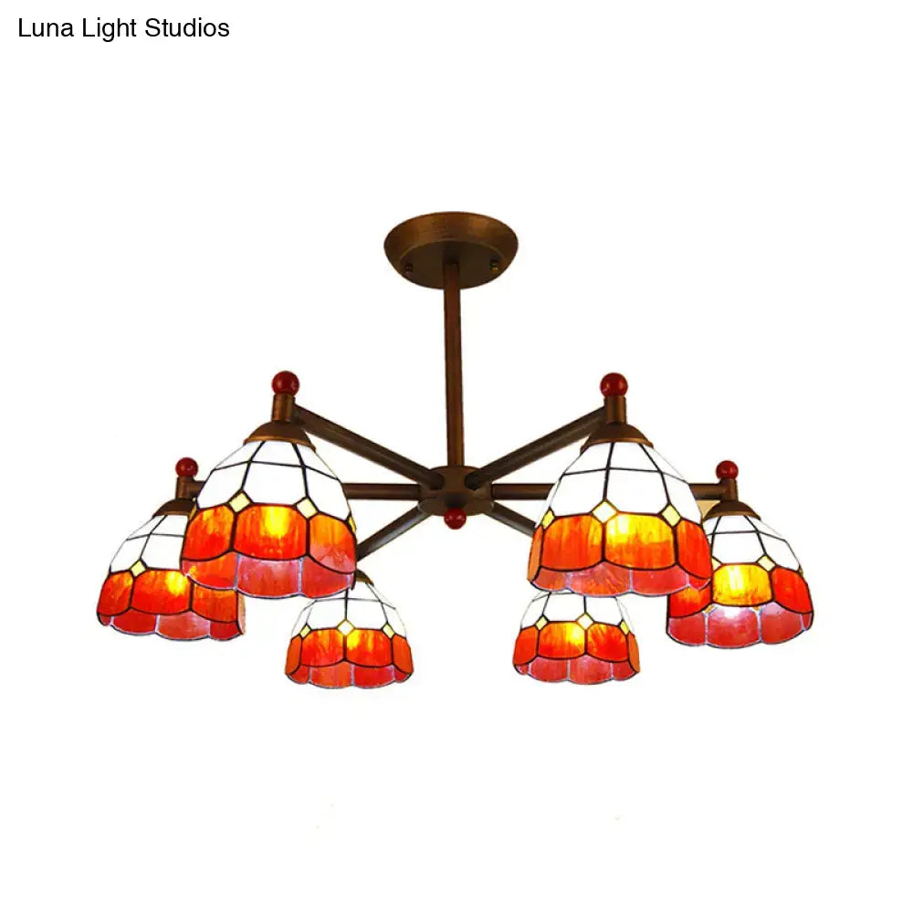 Decorbites rustic style chandelier light with five amber and white stained glass shades in bronze metal frame