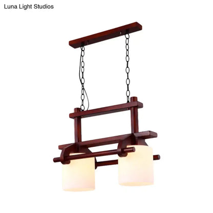 DecorBites rustic white glass island light with dark wood frame and two frosted shades for dining room lighting