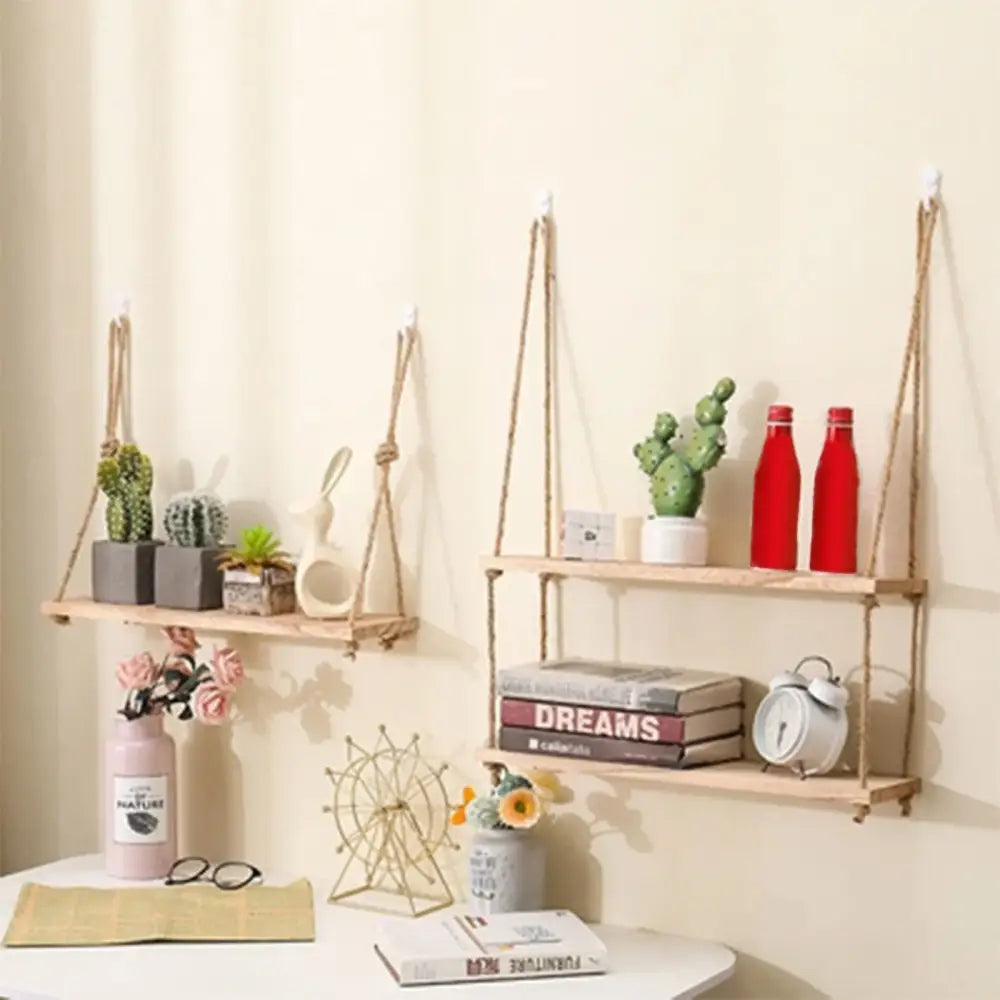 Decorbites™ rustic wood floating wall shelves set of 3 with light wood and natural rope suspension