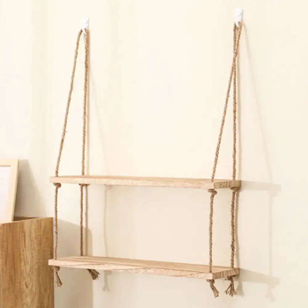 Decorbites™ rustic wood floating two-tiered wall shelves with natural rope suspension and tassels in a set of 3