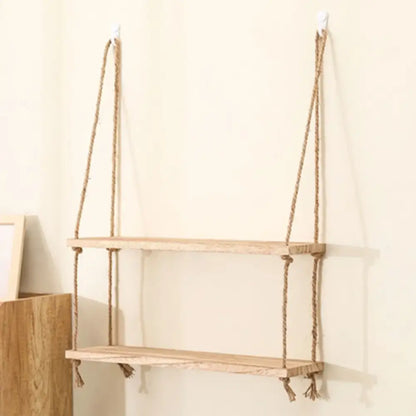 Decorbites™ rustic wood floating two-tiered wall shelves with natural rope suspension and tassels in a set of 3