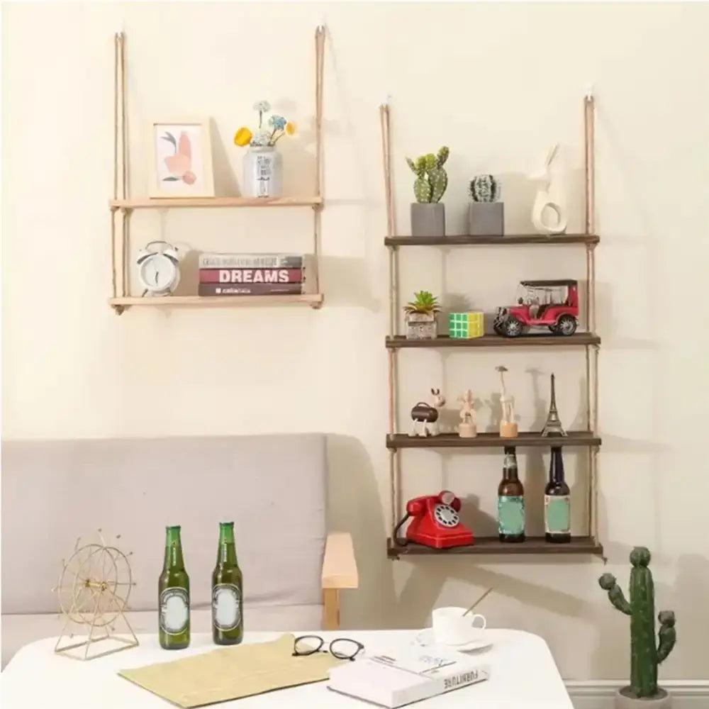 Decorbites rustic wood floating wall shelves set of 3 with three tiers and rope accents for decorative storage