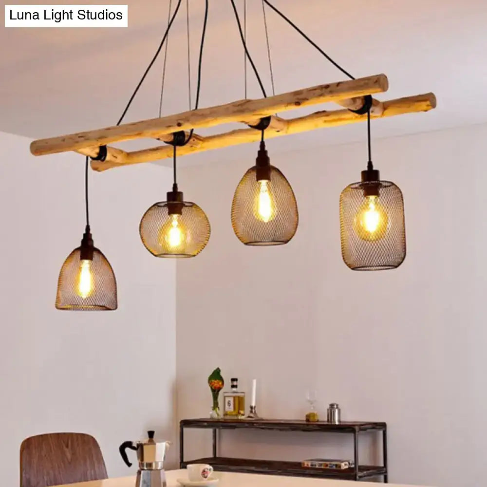 Rustic wood and iron mesh ladder-style chandelier with four pendant lights for dining room island lighting