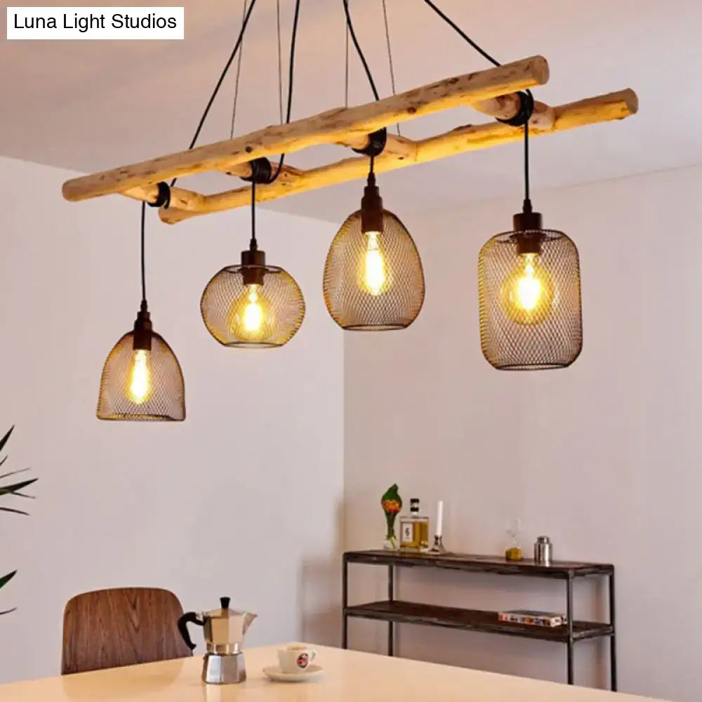 Rustic wood iron mesh suspension lighting with four filament bulbs for dining room island or room island light use