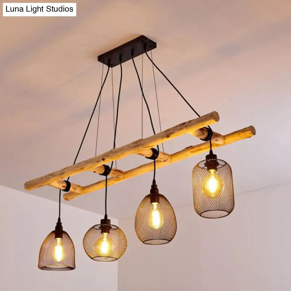 Rustic wooden ladder-style chandelier with four iron mesh globe shades and exposed bulbs for dining room island light