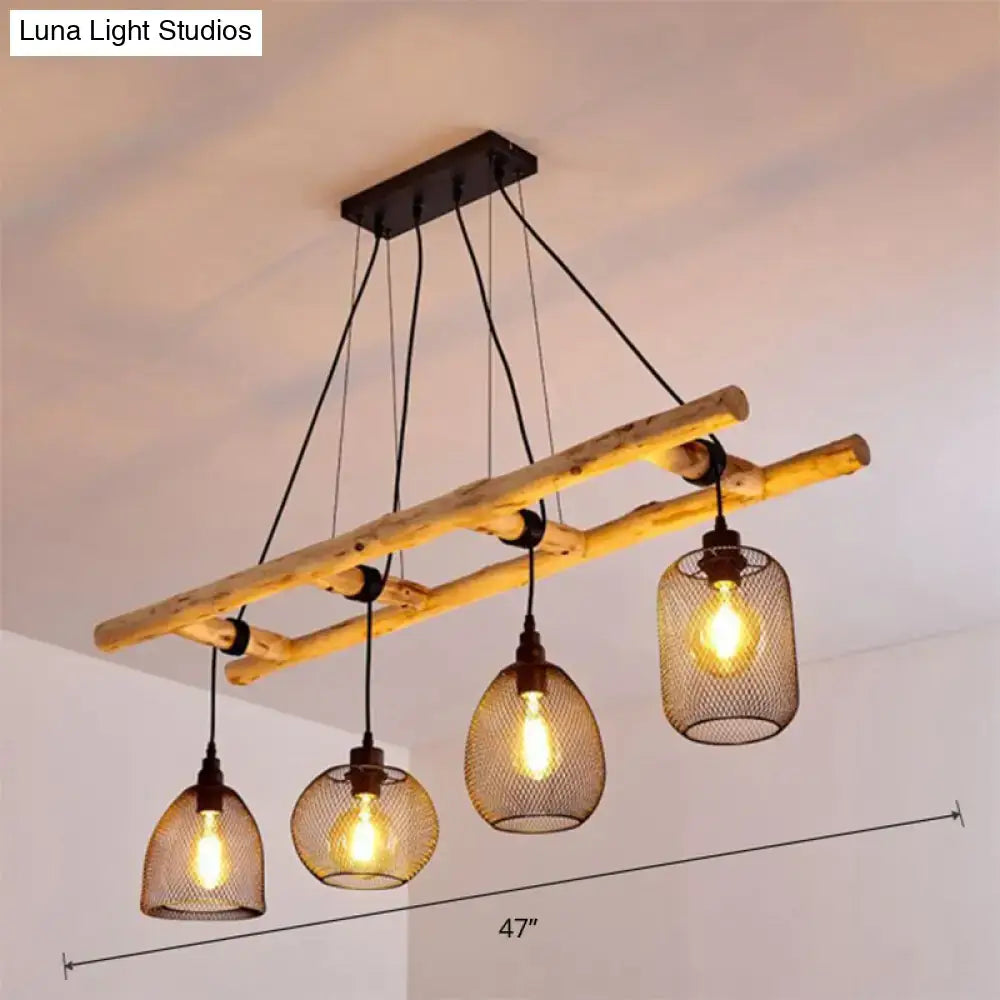 Rustic wood iron mesh chandelier with four globe shades and filament bulbs for dining room island light use