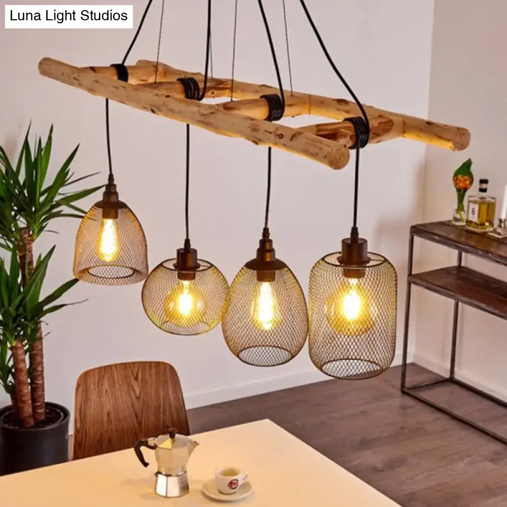Decorbites rustic wood iron mesh suspension lighting with four black cord mesh cage bulbs for dining room island light