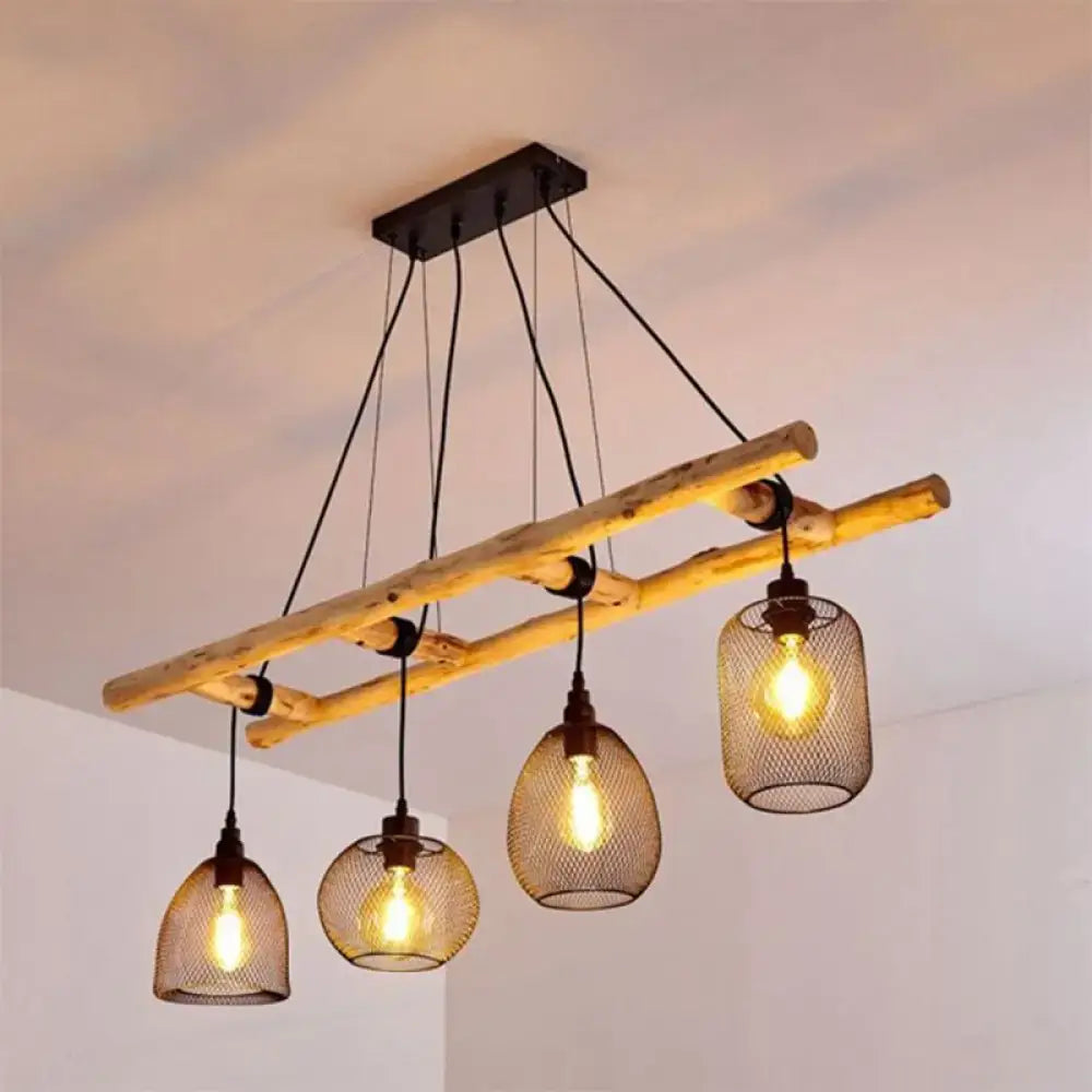 Decorbites rustic wood iron mesh suspension lighting with four wire mesh globe shades for dining room island light