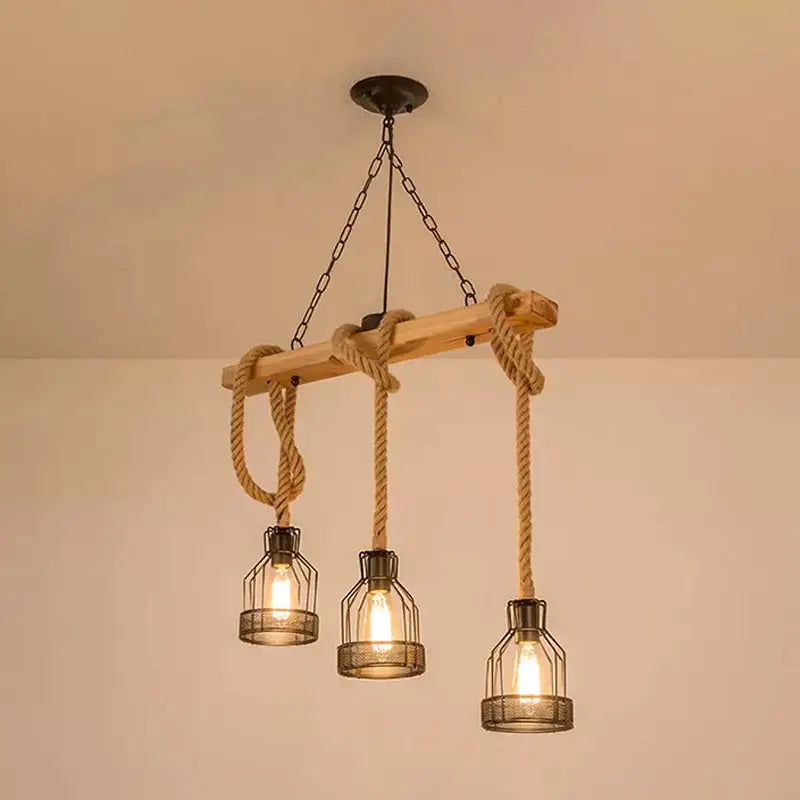 Decorbites™ rustic wood pendant lamp with brown rope suspensions and three vintage e26 e27 cage bulbs island light