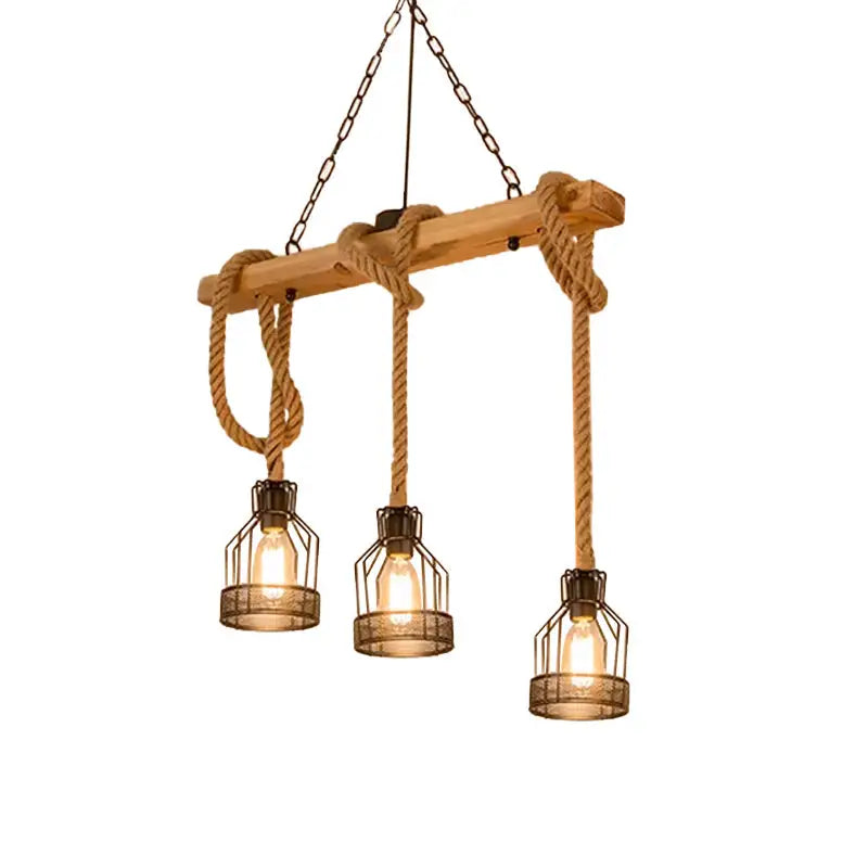 Decorbites rustic wood pendant lamp with brown roped cage and three e26 e27 bulbs ideal as an island light