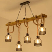 Decorbites rustic wood pendant lamp island light with light wood beam beige rope and black metal e26 e27 cage lights