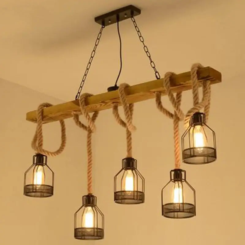 Decorbites rustic wood pendant lamp island light with light wood beam beige rope and black metal e26 e27 cage lights