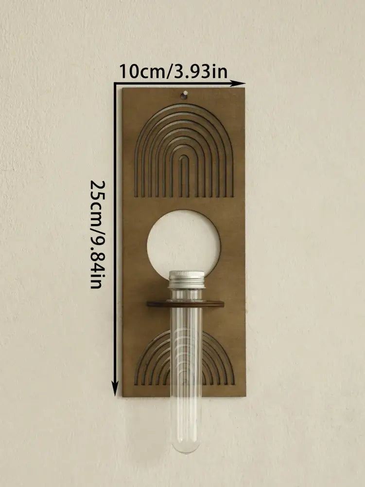 Decorbites™ rustic wood wall vase with minimalist brass sconce and geometric arch holding clear glass test tube