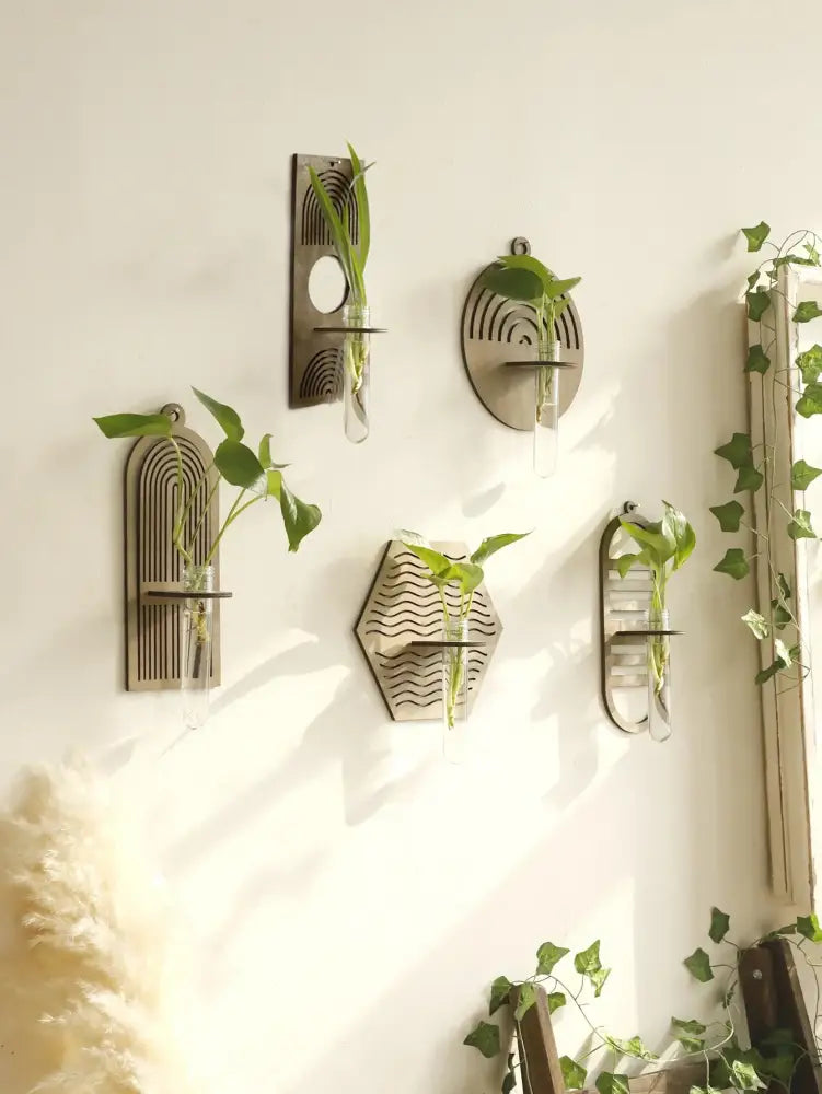 Decorbites™ rustic wood wall vase featuring modern matte black metal geometric planters with clear glass tubes for greenery