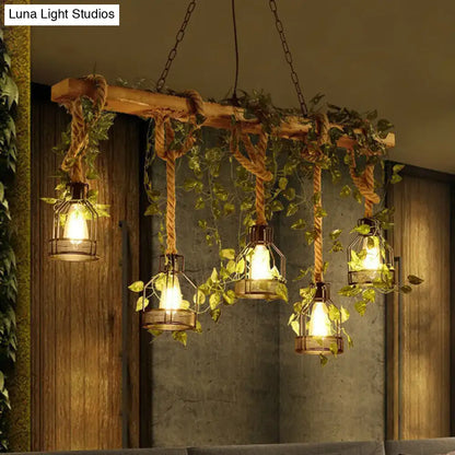 Decorbites rustic wooden brown island light with 5 cage shade heads and green art ivy pendant hanging lanterns