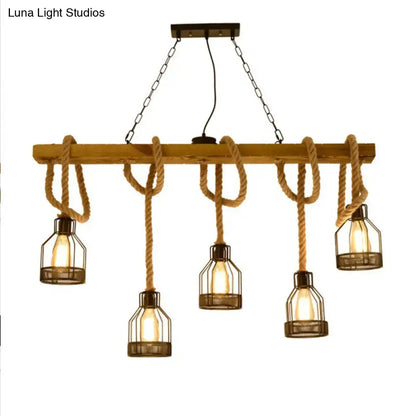 DecorBites™ rustic wooden linear island lamp with five metal cage bulbs and beige rope suspension pendant light for restaurants