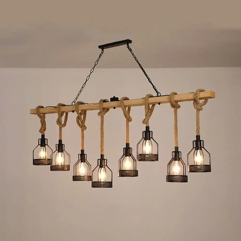 Decorbites rustic wooden linear island lamp suspension pendant light with six glass lanterns and black metal chains