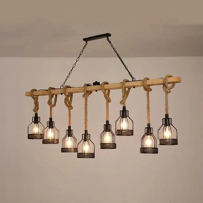 Decorbites rustic wooden linear island lamp suspension pendant light with six glass lanterns and black metal chains