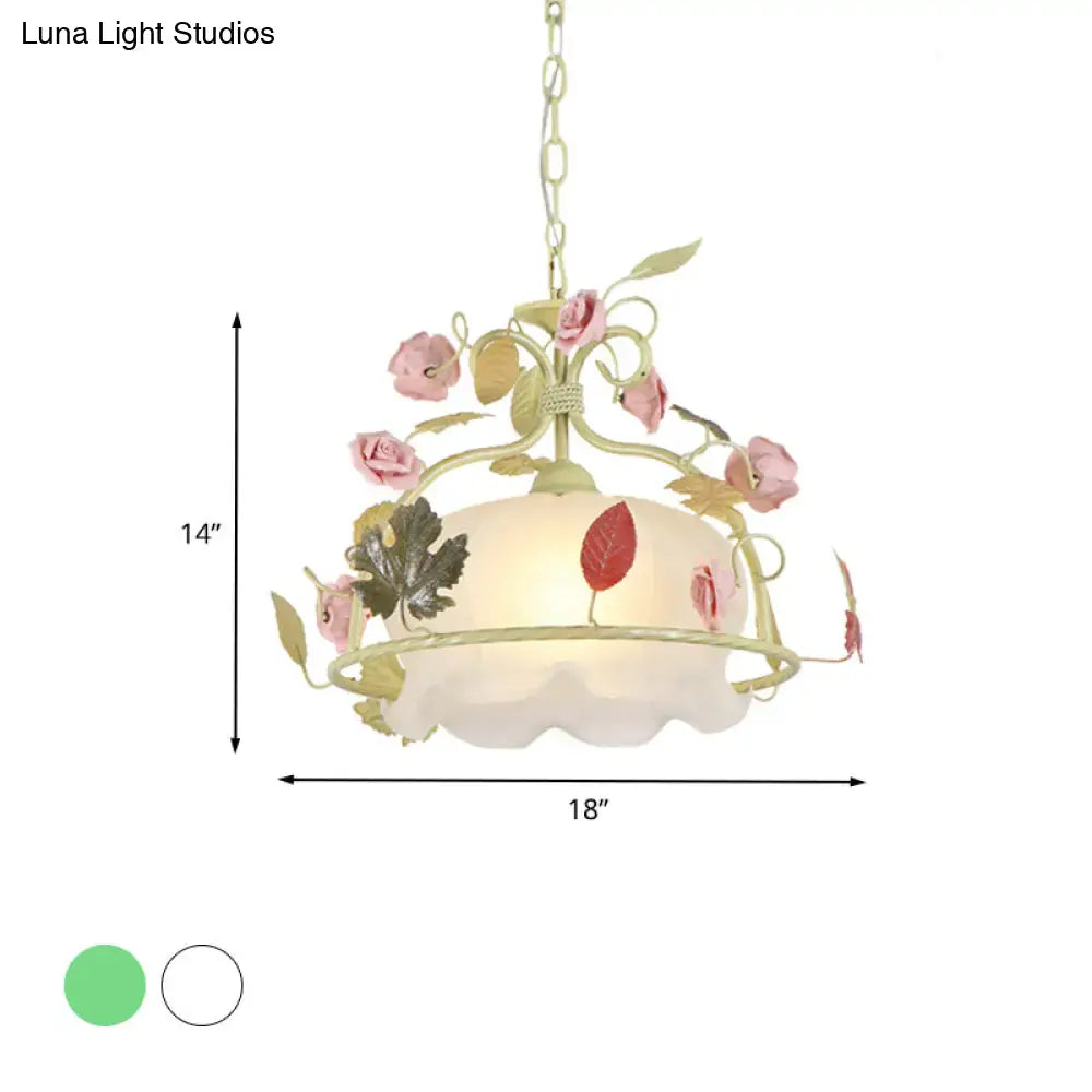 Decorbites scallop chandelier light fixture with pale green metal frame pink roses and off-white scalloped glass shade