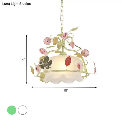 Decorbites scallop chandelier light fixture with pale green metal frame pink roses and off-white scalloped glass shade
