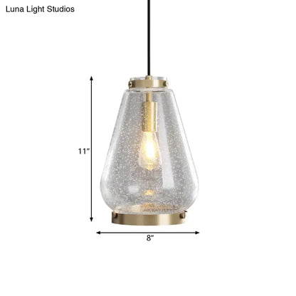 DecorBites™ seeded glass pendant light with clear speckled glass shade and brass rim ideal for bedrooms