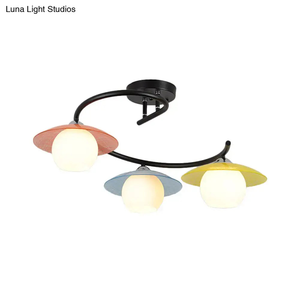 DecorBites semi flush light with black spiral arms and colorful peach blue yellow glass shades three heads