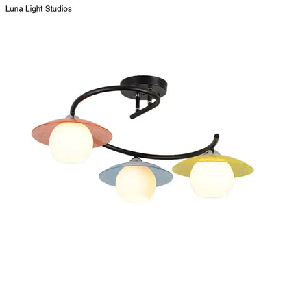 DecorBites semi flush light with black spiral arms and colorful peach blue yellow glass shades three heads