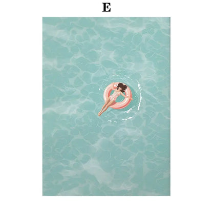 DecorBites™ serene beach watercolor canvas art print featuring a pink inflatable swim ring swimming watercolor illustration