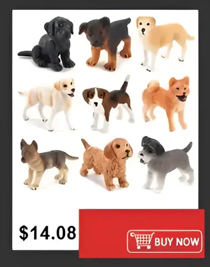 A shatterproof clear acrylic cylinder vase holding a collection of detailed plastic dog figurines in various breeds and colors