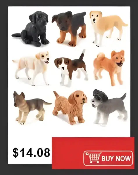 A shatterproof clear acrylic cylinder vase holding a collection of detailed plastic dog figurines in various breeds and colors