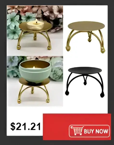 Gold-colored metal candle stand with round top and curved legs beside a decorbites shatterproof clear acrylic cylinder vase